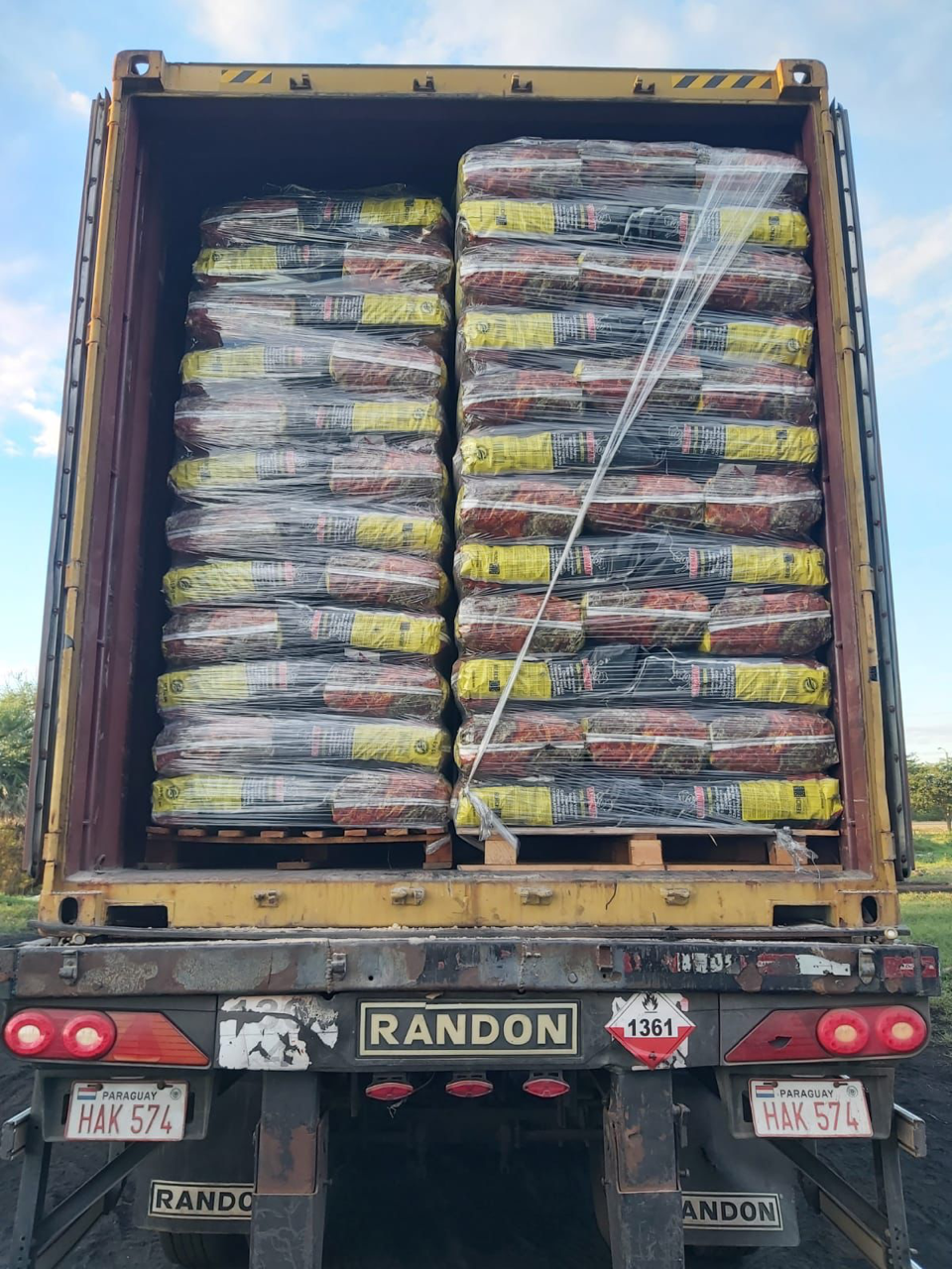 Carbón vegetal envasado y paletizado